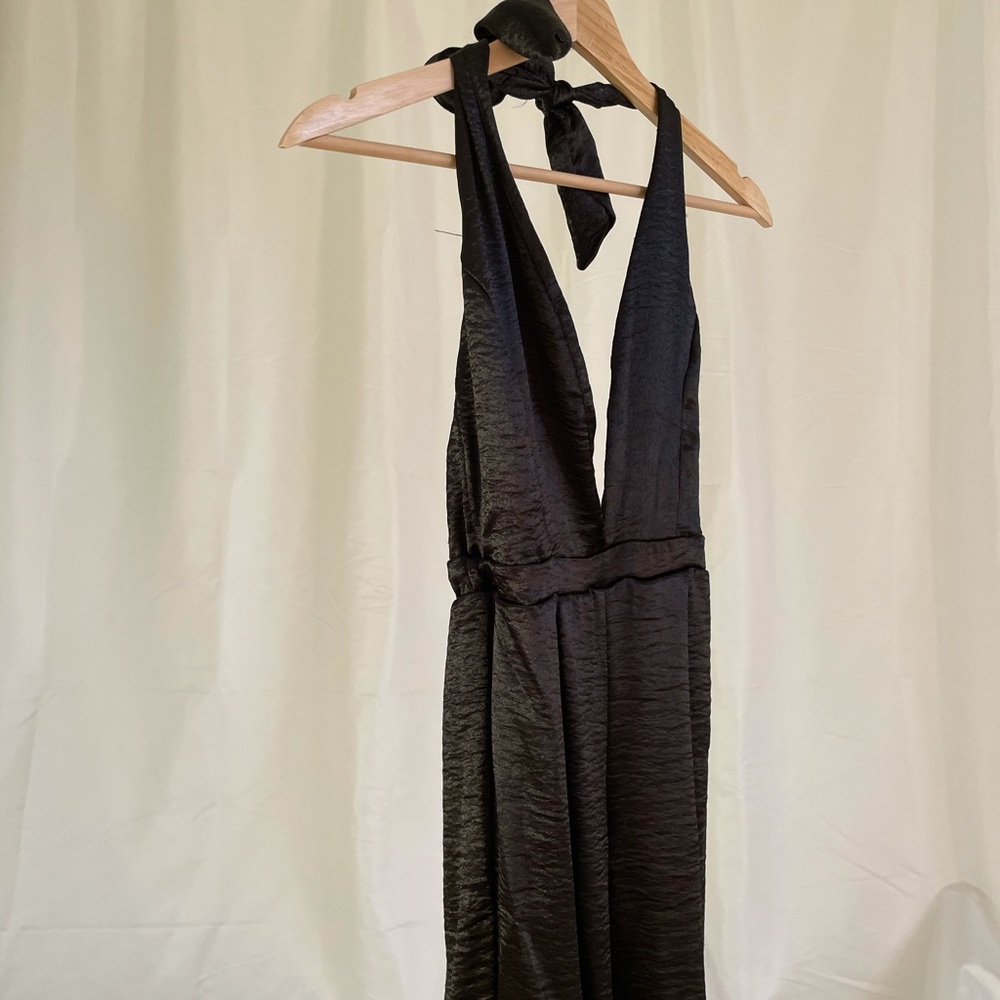 Black Satin Backless Cargo Pant Jumpsuit